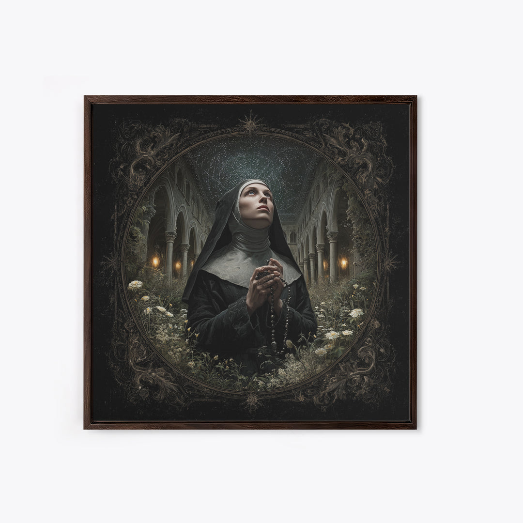 The Nun Of The Endless Constellation, Square Wall Art, Haunted Gothic Art, Framed Canvas Print, Halloween Wall Decor, Gothic Home Decor
