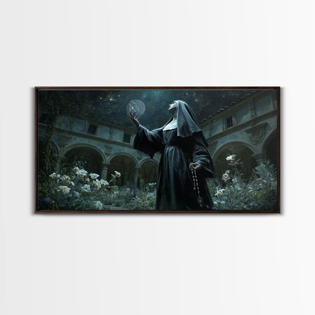 The Nun Of The Endless Constellation, Wide Panoramic Art, Dark Halloween Decor, Canvas Print, Halloween Wall Decor, Gothic Home Decor