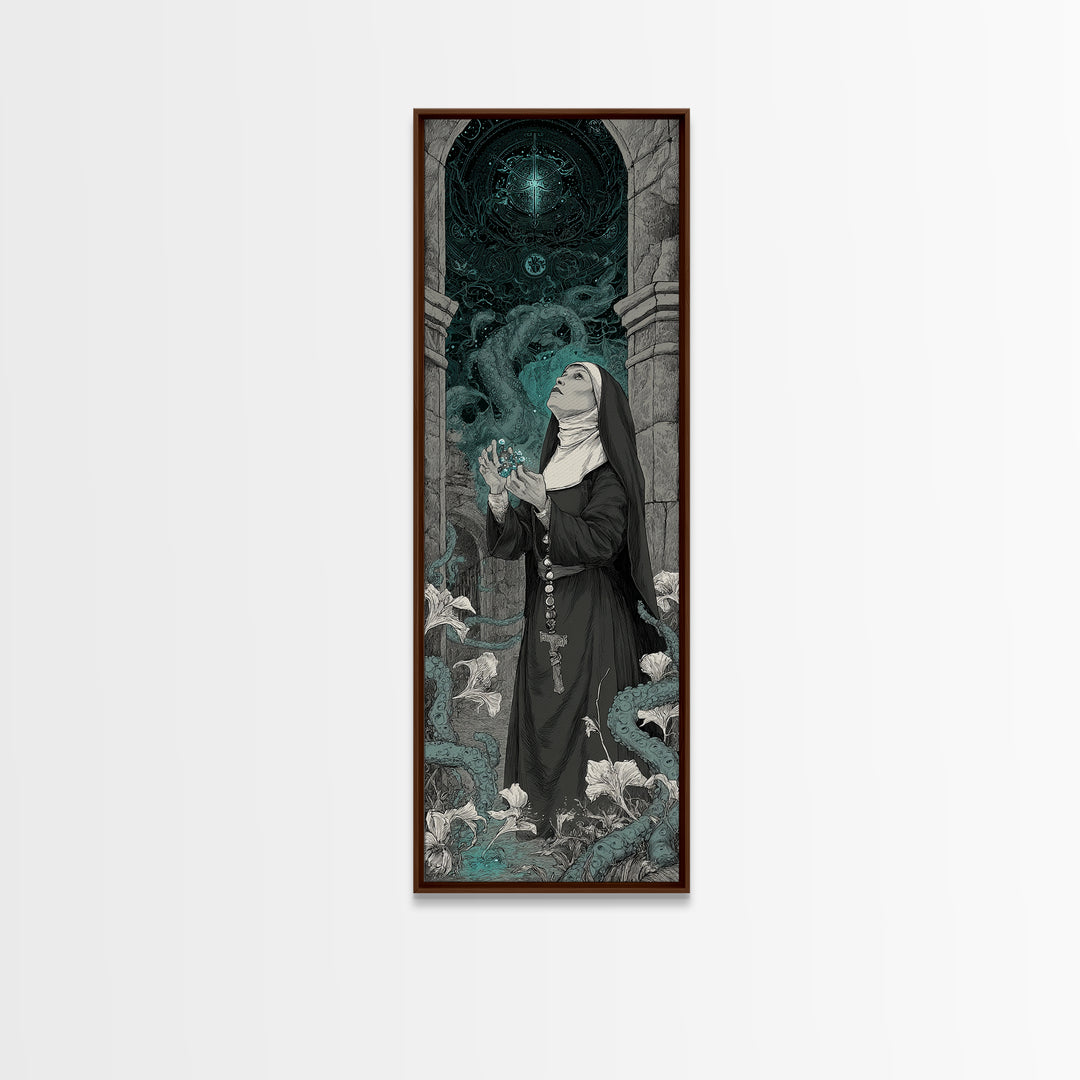 The Nun Of The Endless Constellation, Tall Narrow Wall Art, Haunted Gothic Art, Framed Canvas Print, Halloween Wall Decor, Gothic Home Decor