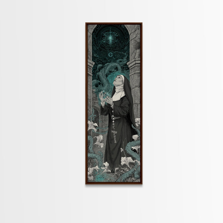 The Nun Of The Endless Constellation, Tall Narrow Wall Art, Haunted Gothic Art, Framed Canvas Print, Halloween Wall Decor, Gothic Home Decor