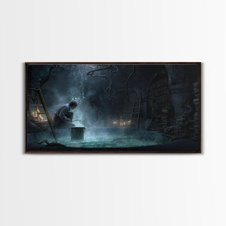 The Dreamwell Beneath Miskatonic, Wide Panoramic Art, Eldritch Gothic Decor, Framed Canvas Print, Halloween Wall Decor, Gothic Home Decor