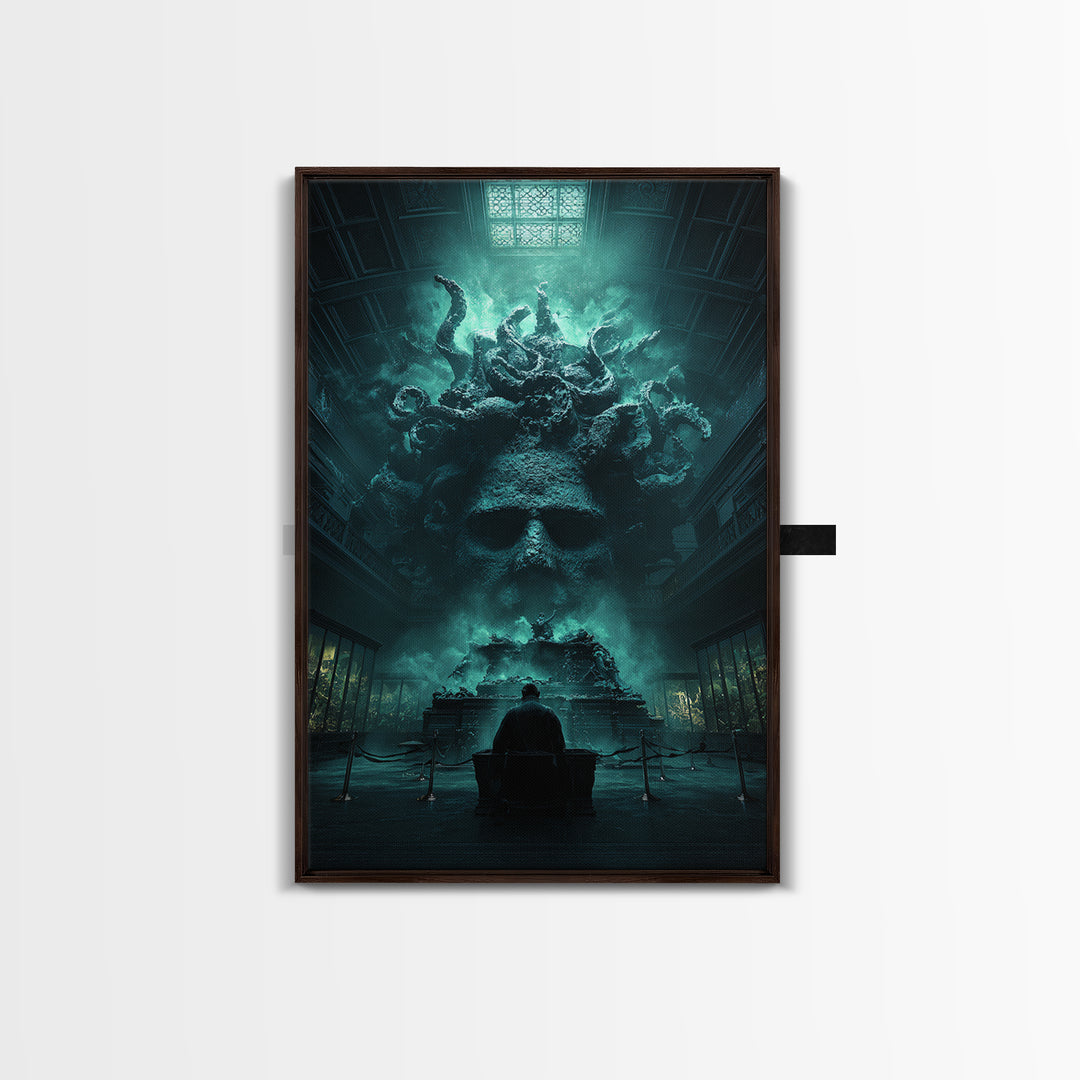 The Custodian Of The Whispering Idol, Vertical Wall Art, Lovecraftian Horror Art, Framed Canvas Print, Halloween Wall Decor
