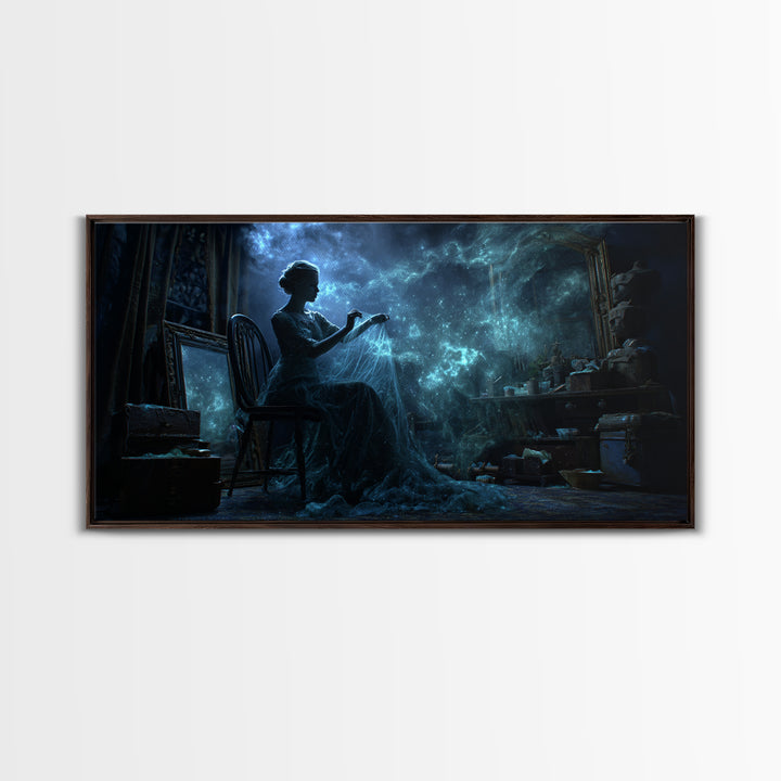 The Seamstress Of Living Nebulae, Wide Panoramic Art, Haunted Gothic Art, Canvas Print, Halloween Wall Decor, Gothic Home Decor