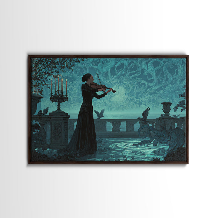 The Violinist Of The Drowned Moon, Landscape Wall Art, Gothic Horror Wall Art, Framed Canvas Print, Halloween Wall Decor, Gothic Home Decor