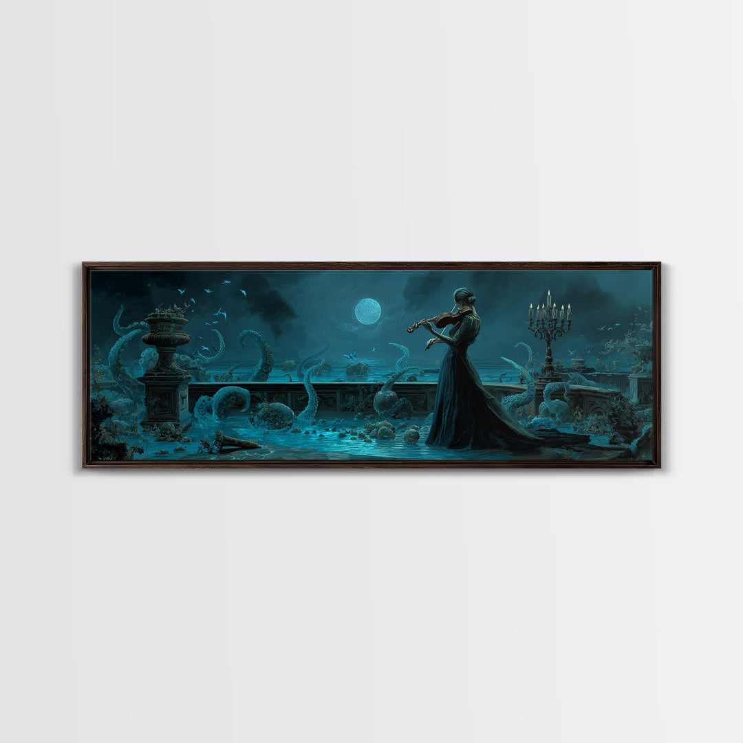 The Violinist Of The Drowned Moon, Extra Wide Wall Art, Haunted Gothic Art, Framed Canvas Print, Halloween Wall Decor, Gothic Home Decor