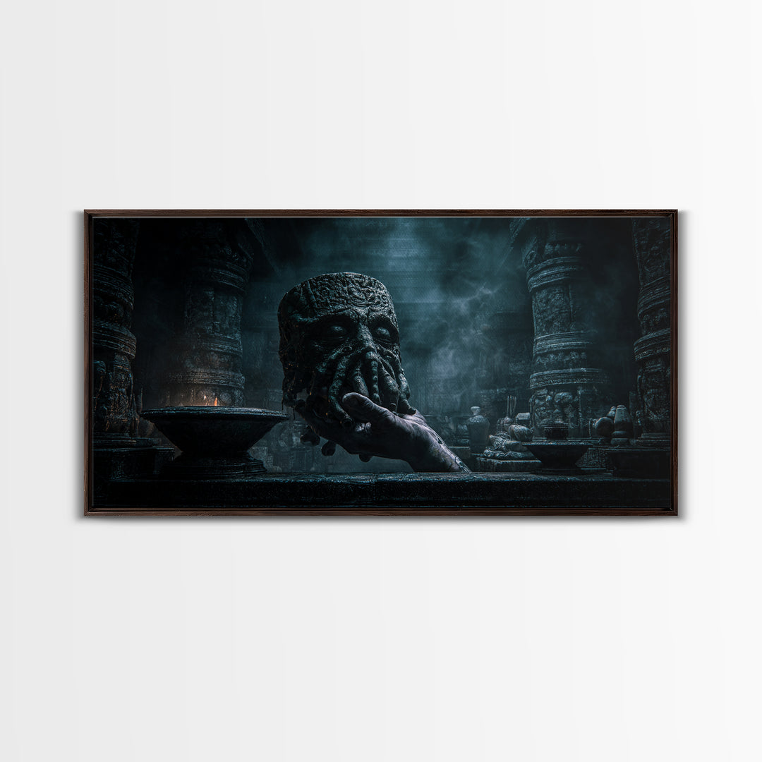 The Mask Of The Crawling God, Wide Panoramic Art, Lovecraftian Horror Art, Canvas Print, Halloween Wall Decor, Gothic Home Decor