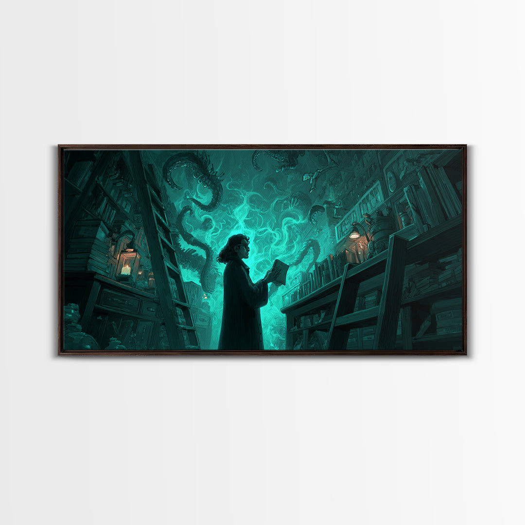 The Archivist Of Dreaming Bones, Wide Panoramic Art, Gothic Horror Wall Art, Framed Canvas Print, Halloween Wall Decor, Gothic Home Decor