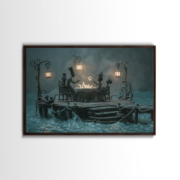 The Tea Party At Innsmouth Pier, Landscape Wall Art, Spooky Home Decor, Framed Canvas Print, Halloween Wall Decor, Gothic Home Decor