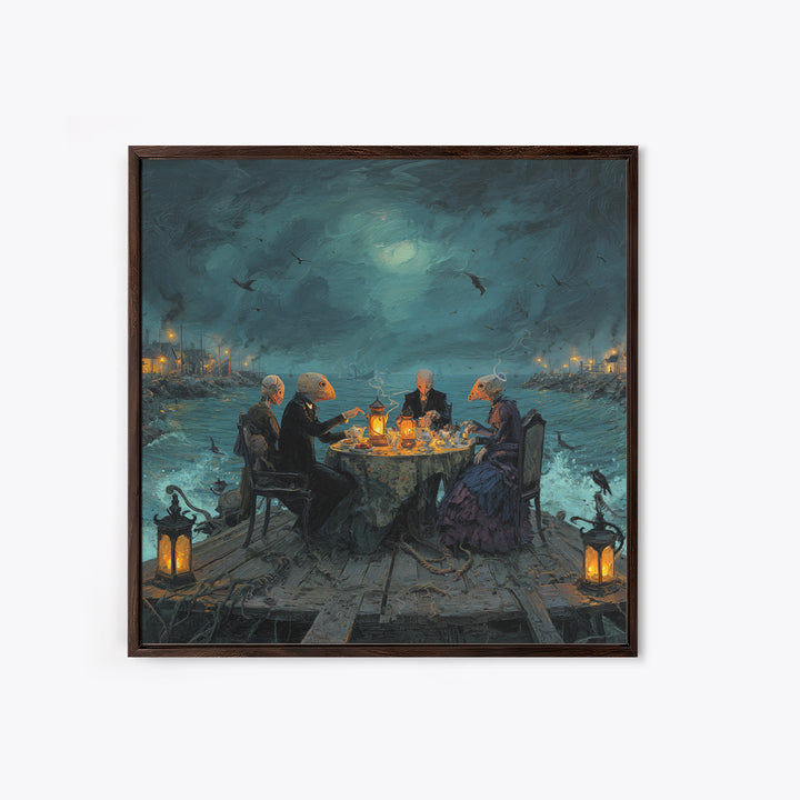 The Tea Party At Innsmouth Pier, Square Wall Art, Lovecraftian Horror Art, Framed Canvas Print, Halloween Wall Decor, Gothic Home Decor