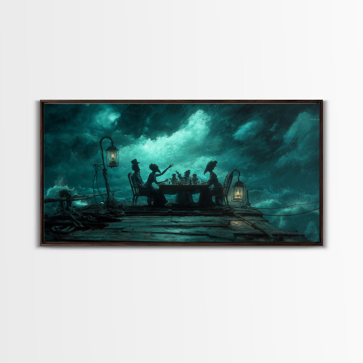 The Tea Party At Innsmouth Pier, Wide Panoramic Art, Haunted Gothic Art, Framed Canvas Print, Halloween Wall Decor, Gothic Home Decor