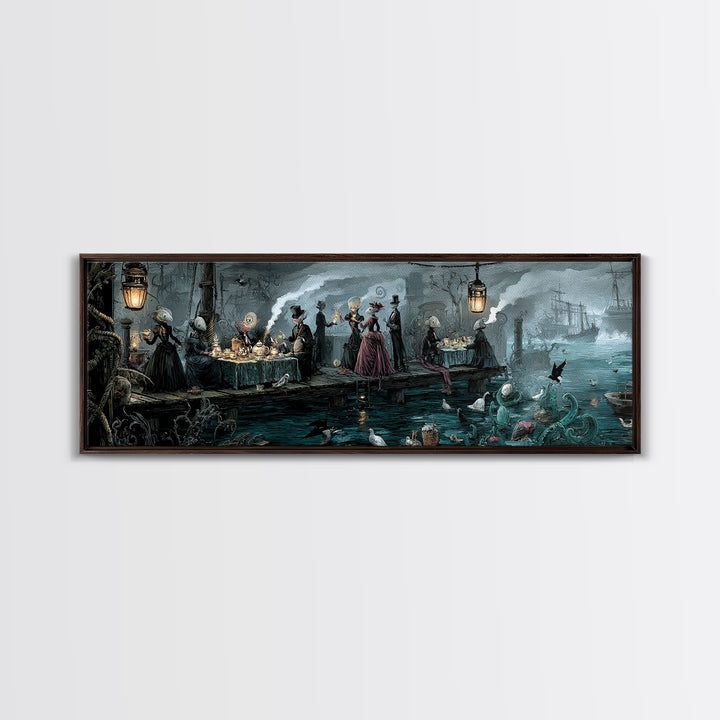 The Tea Party At Innsmouth Pier, Extra Wide Wall Art, Gothic Horror Wall Art, Framed Canvas Print, Halloween Wall Decor, Gothic Home Decor