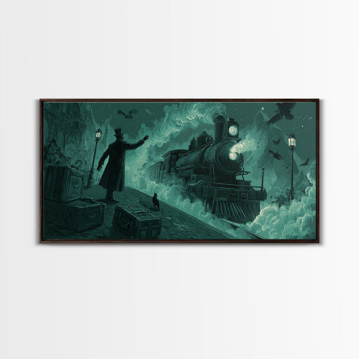 The Phantom Train To Kadath, Wide Panoramic Art, Macabre Wall Art, Framed Canvas Print, Halloween Wall Decor, Gothic Home Decor