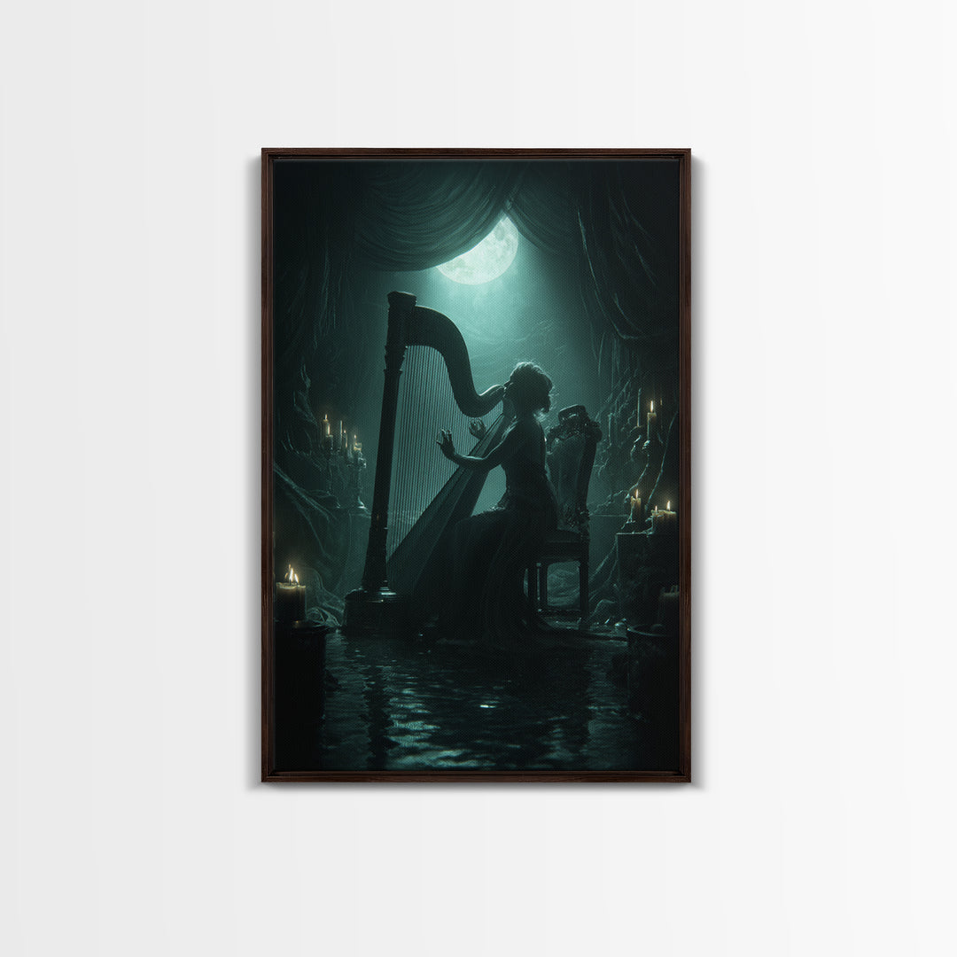 The Harpist Of Abyssal Sleep, Vertical Wall Art, Haunted Gothic Art, Canvas Print, Halloween Wall Decor, Gothic Home Decor