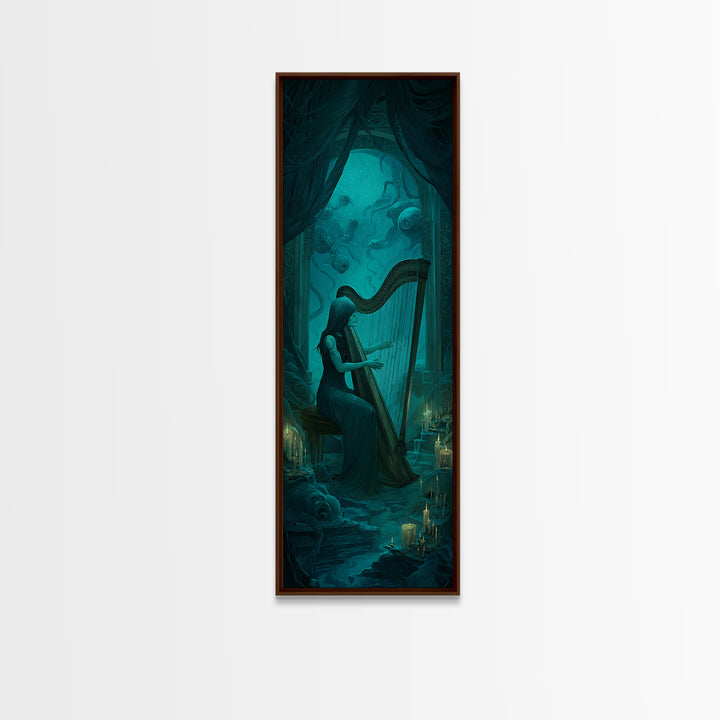 The Harpist Of Abyssal Sleep, Tall Narrow Wall Art, Dark Halloween Decor, Framed Canvas Print, Halloween Wall Decor, Gothic Home Decor