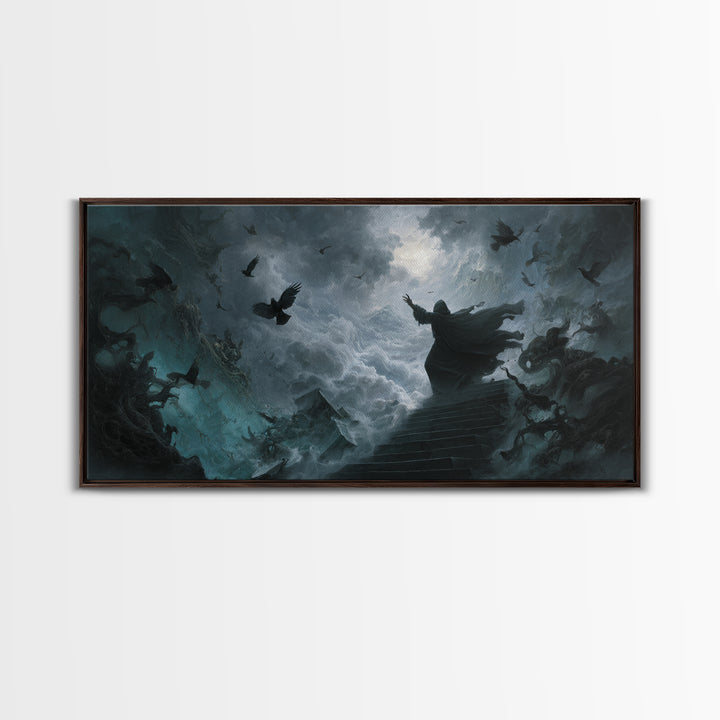 The Raven Sermon Of Leng, Wide Panoramic Art, Lovecraftian Horror Art, Canvas Print, Halloween Wall Decor, Gothic Home Decor