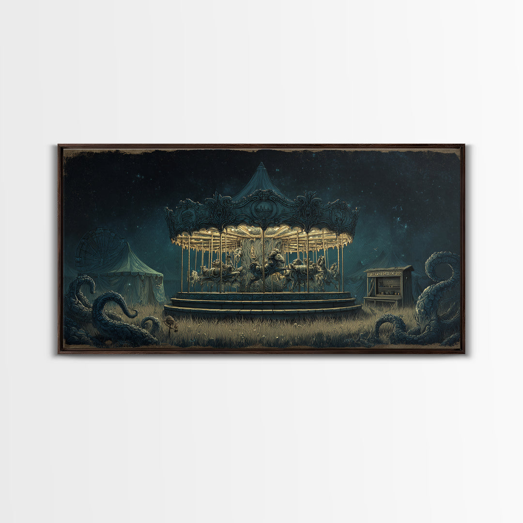 The Carousel Of Sleeping Planets, Wide Panoramic Art, Lovecraftian Horror Art, Canvas Print, Halloween Wall Decor, Gothic Home Decor