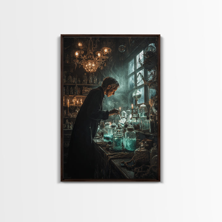 The Apothecary Of Black Seashell Dreams, Vertical Wall Art, Haunted Gothic Art, Framed Canvas Print, Halloween Wall Decor, Gothic Home Decor