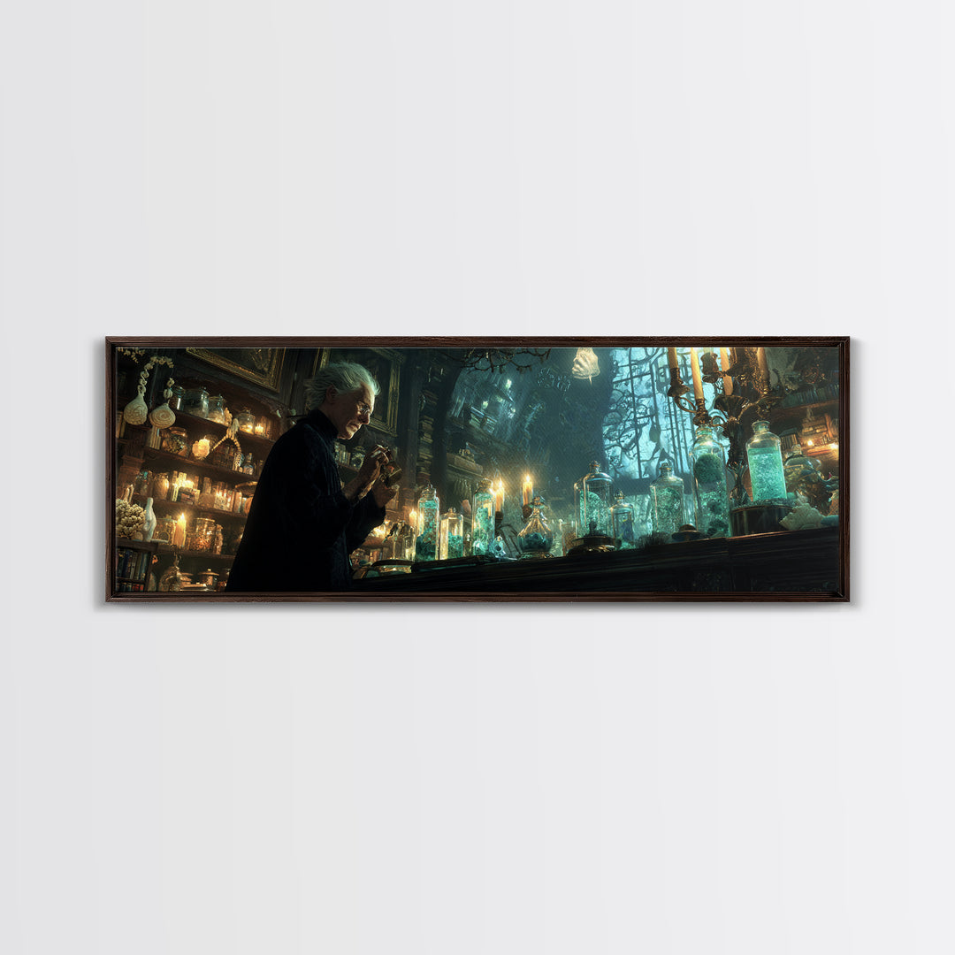 The Apothecary Of Black Seashell Dreams, Extra Wide Wall Art, Haunted Gothic Art, Framed Canvas Print, Halloween Wall Decor
