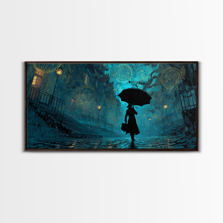 The Umbrella Of The Outer Rain, Wide Panoramic Art, Haunted Gothic Art, Framed Canvas Print, Halloween Wall Decor, Gothic Home Decor