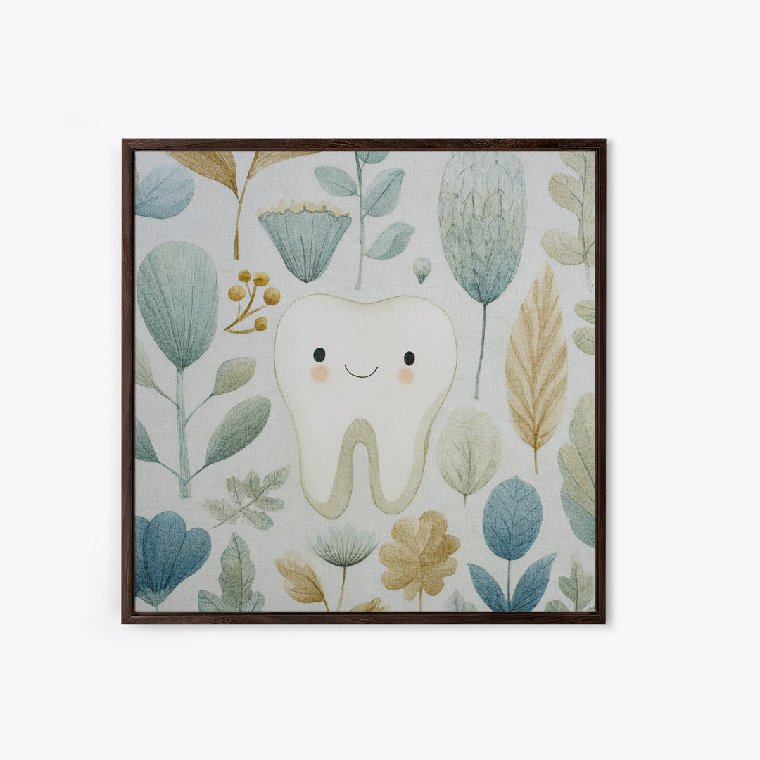 Playful Tooth Shaped Character Framed Canvas Print, Dental Office Art, Dental Wall Art, Office Decor, Abstract Art, Calm, DOA-1x1-6