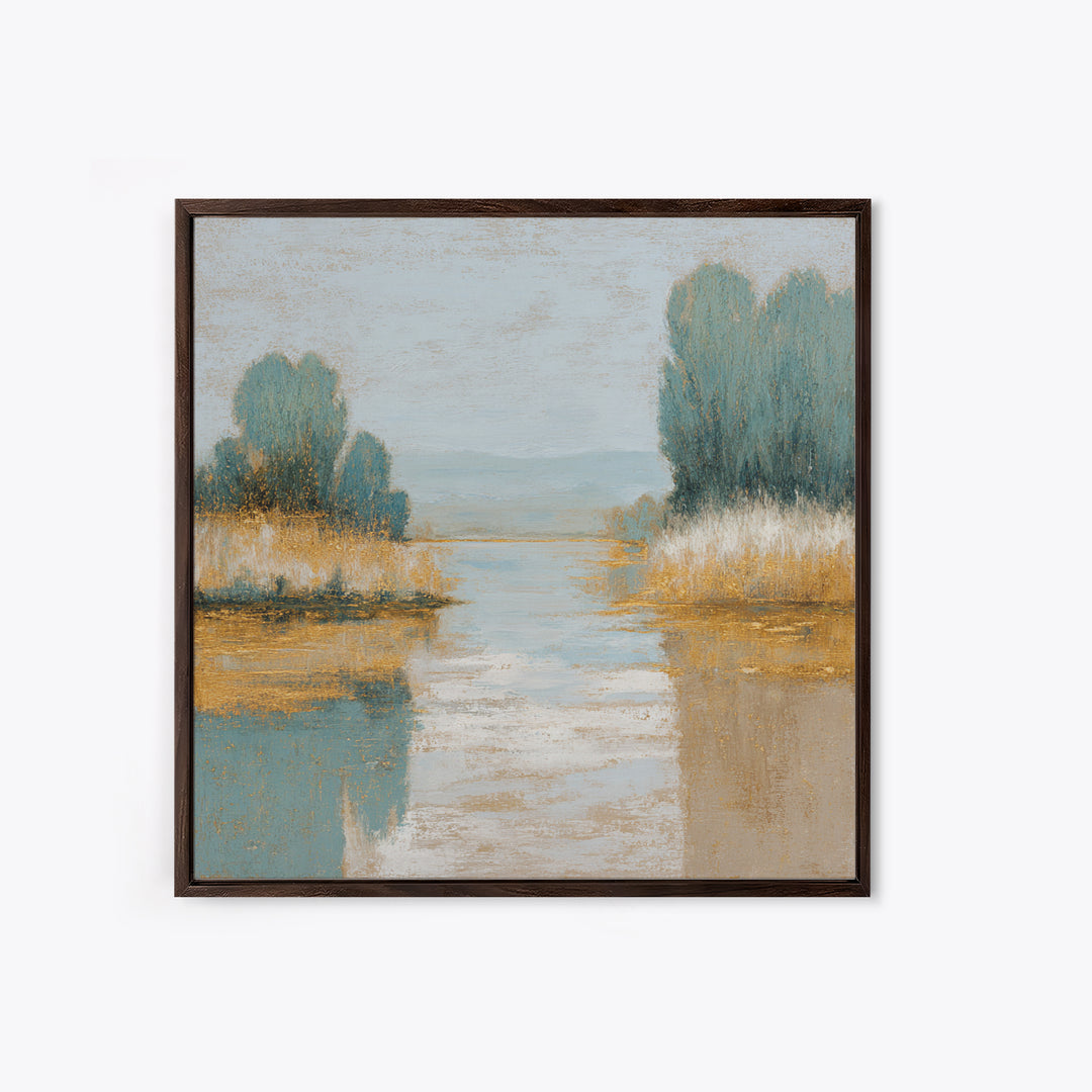 Sunlit Lake with Calming Reflections Framed Canvas Print, Dental Office Art, Dental Gift, Office Decor, Oil Painting, Calm, DOA-1x1-63