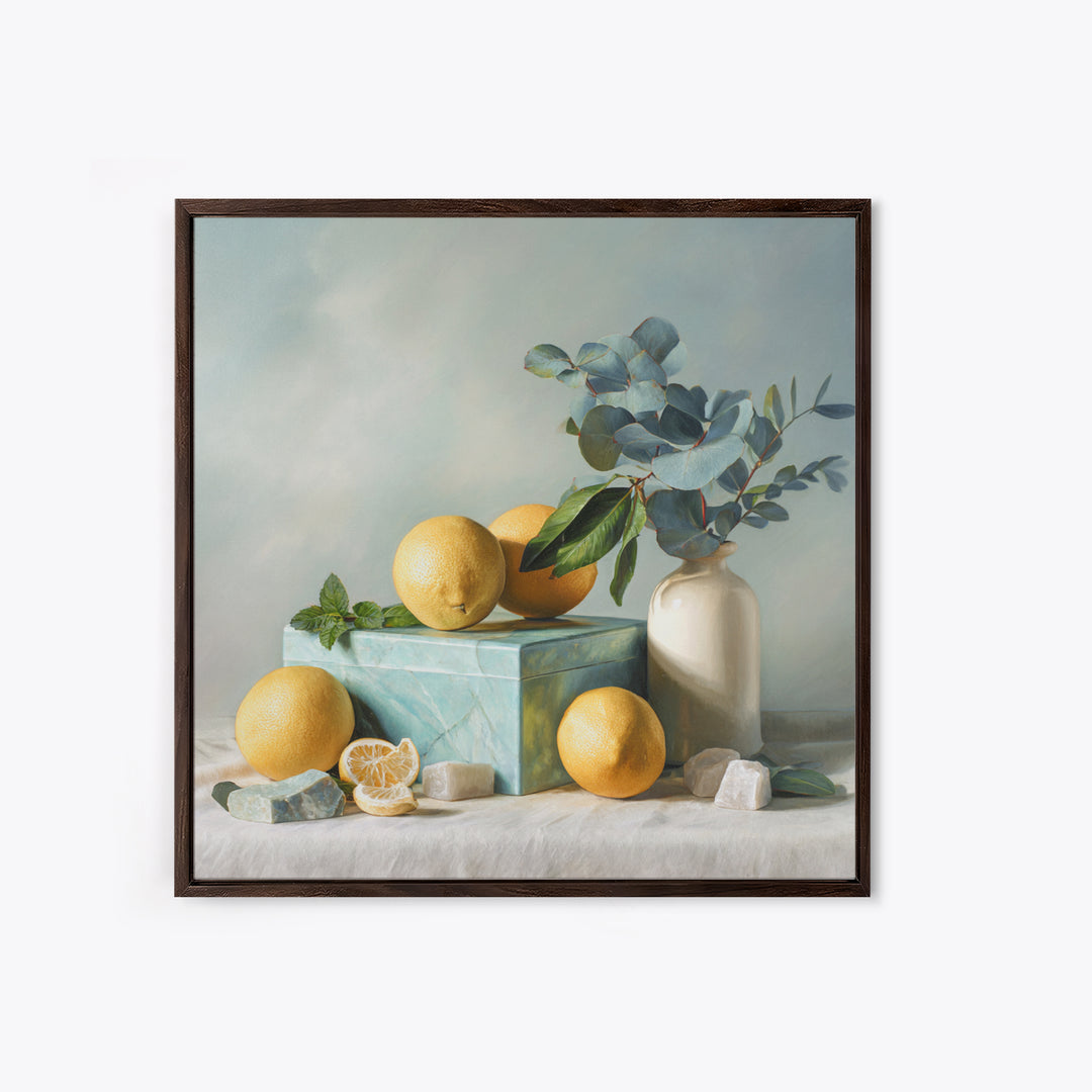 Fresh Citrus and Mint Still Life Framed Canvas Print, Dental Office Art, Medical Office Art, Office Decor, Oil Painting, Calm, DOA-1x1-79
