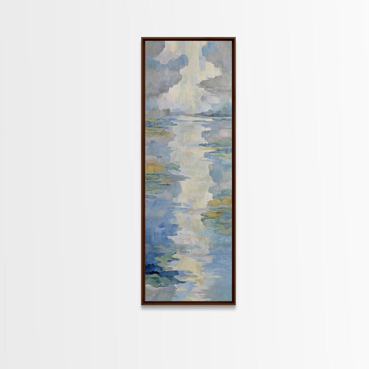 Sunlit Lake with Calming Reflections Framed Canvas Print, Dental Office Art, Wall Art, Office Decor, Oil Painting, Calm, DOA-1x3-75