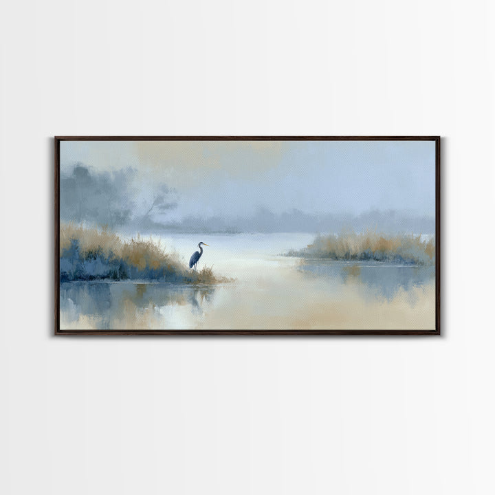 Blue Heron by Calm Marsh Water Framed Canvas Print, Dental Office Art, Tooth Art, Office Decor, Fine Art, Calm, Modern Decor, DOA-2x1-19
