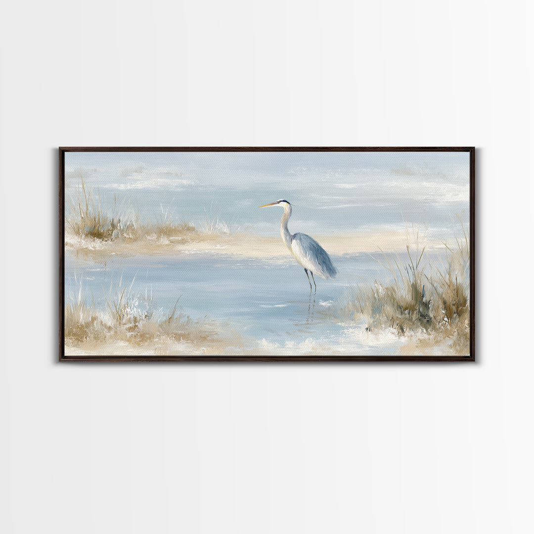 Blue Heron by Calm Marsh Water Framed Canvas Print, Dental Office Art, Contemporary Art, Office Decor, Fine Art, Calm, DOA-2x1-43