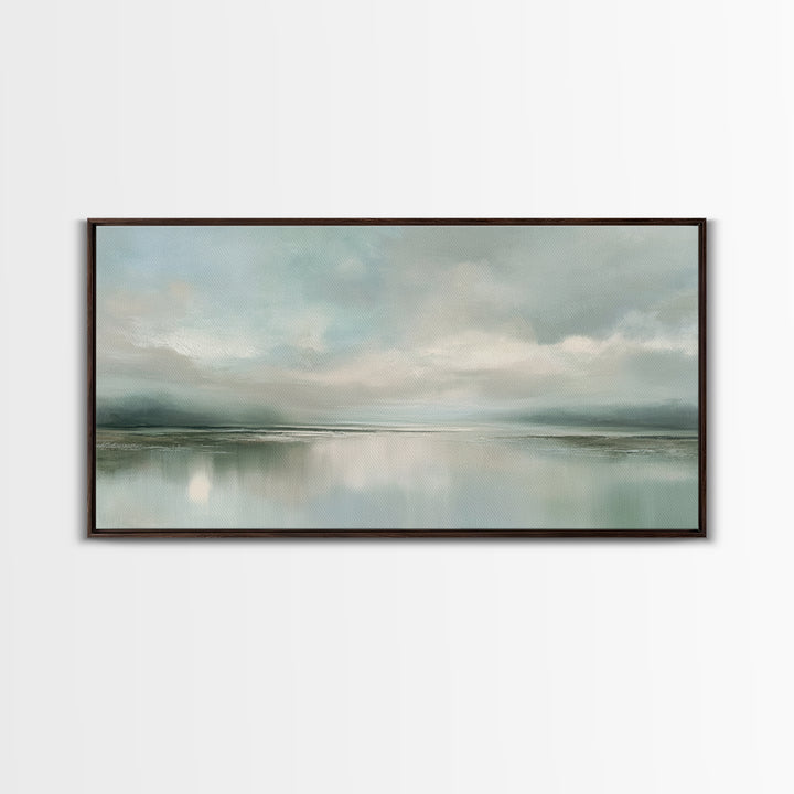 Sunlit Lake with Calming Reflections Framed Canvas Print, Dental Office Art, Boho Decor, Office Decor, Oil Painting, Calm, DOA-2x1-83