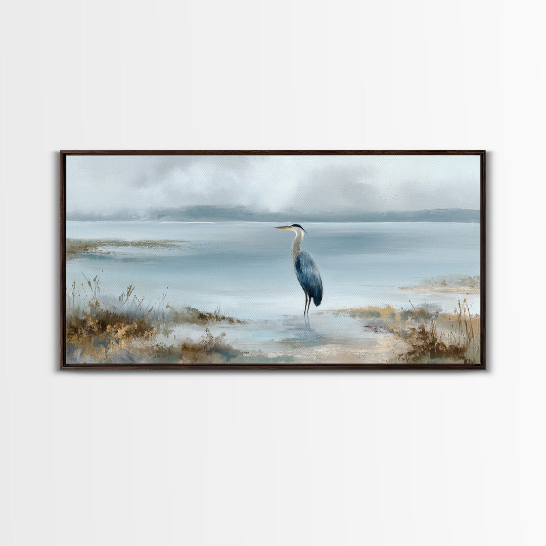 Blue Heron by Calm Marsh Water Framed Canvas Print, Dental Office Art, Contemporary Art, Office Decor, Fine Art, Calm, DOA-2x1-91