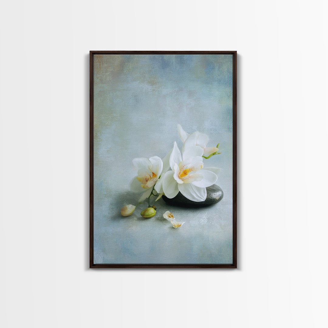 White Orchid on Stone Background Framed Canvas Print, Dental Office Art, Modern Decor, Office Decor, Oil Painting, Calm, DOA-2x3-20