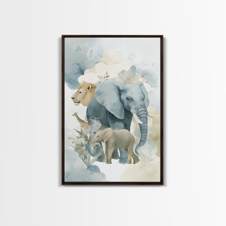 Happy Jungle Animals Framed Canvas Print, Dental Office Art, Textured Painting, Office Decor, Calm, Room Decor Aesthetic, DOA-2x3-94