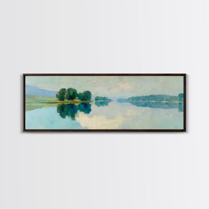 Sunlit Lake with Calming Reflections Framed Canvas Print, Dental Office Art, Boho Decor, Office Decor, Oil Painting, Calm, DOA-3x1-55