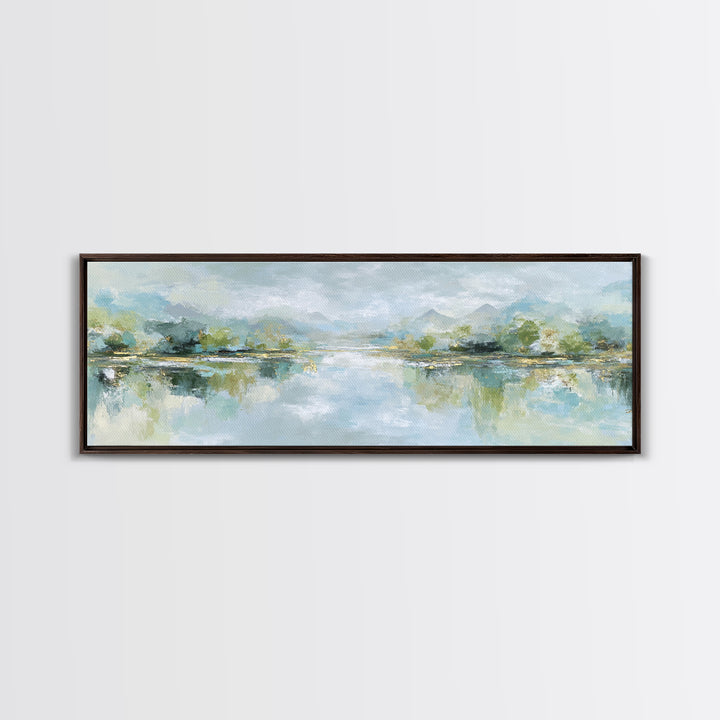 Sunlit Lake with Calming Reflections Framed Canvas Print, Dental Office Art, Dental Gift, Office Decor, Watercolor Art, Calm, DOA-3x1-7