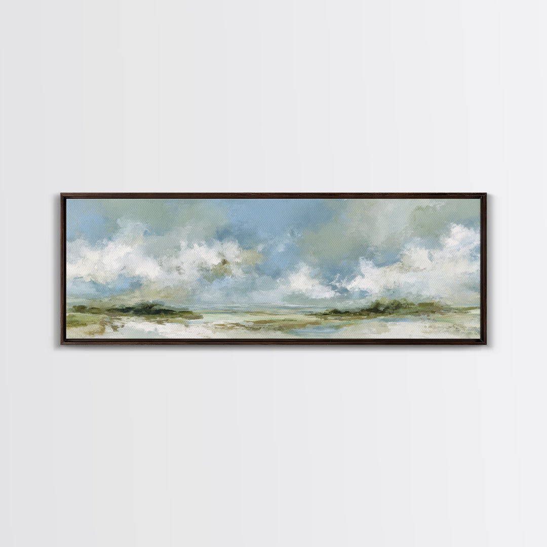 Peaceful Clouds over Open Meadow Framed Canvas Print, Dental Office Art, Dental Wall Art, Office Decor, Oil Painting, Calm, DOA-3x1-73
