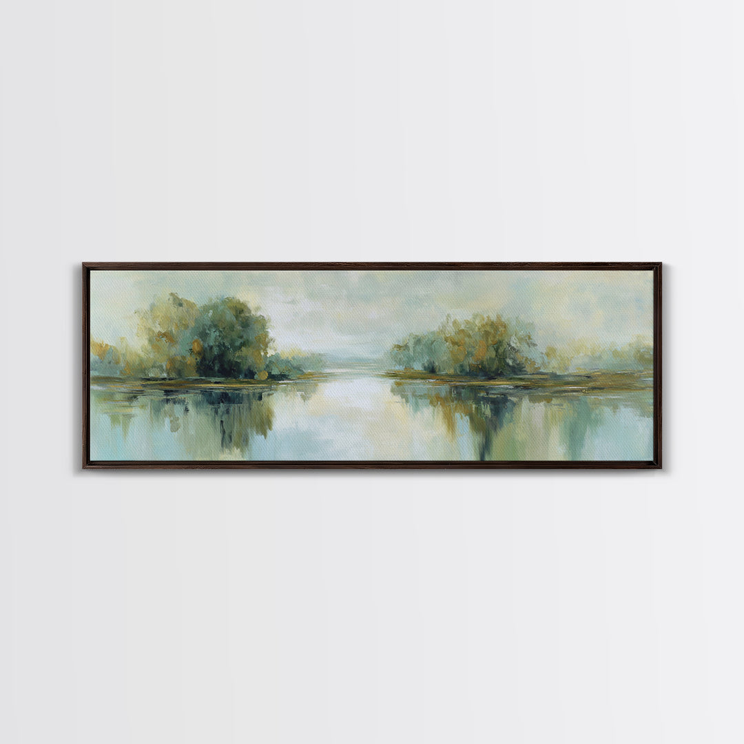 Sunlit Lake with Calming Reflections Framed Canvas Print, Dental Office Art, Printable Wall Art, Office Decor, Fine Art, Calm, DOA-3x1-79