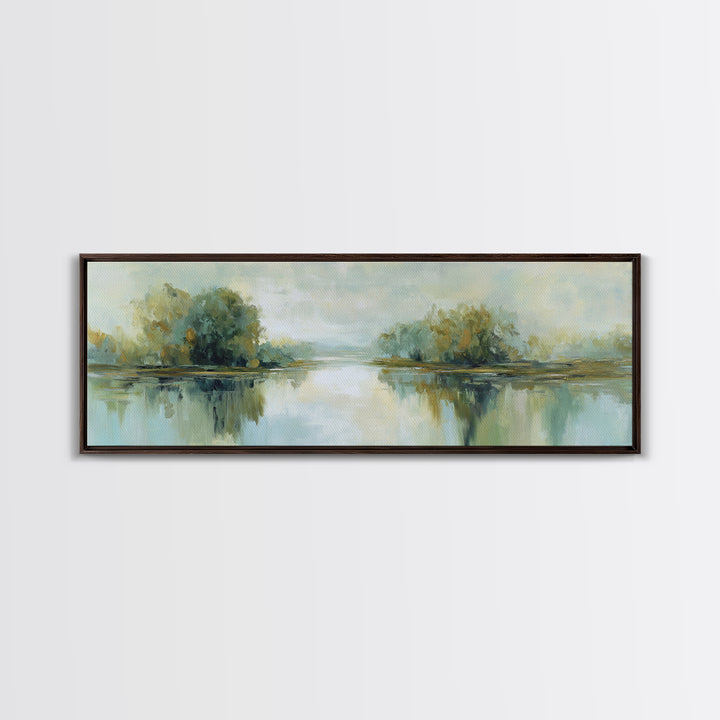 Sunlit Lake with Calming Reflections Framed Canvas Print, Dental Office Art, Printable Wall Art, Office Decor, Fine Art, Calm, DOA-3x1-79