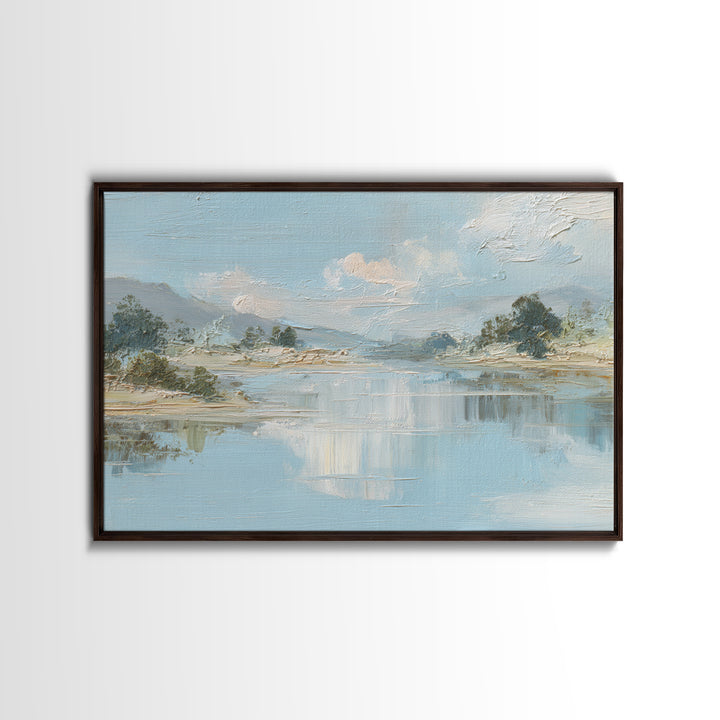 Sunlit Lake with Calming Reflections Framed Canvas Print, Dental Office Art, Wall Art, Office Decor, Watercolor Art, Calm, DOA-3x2-19