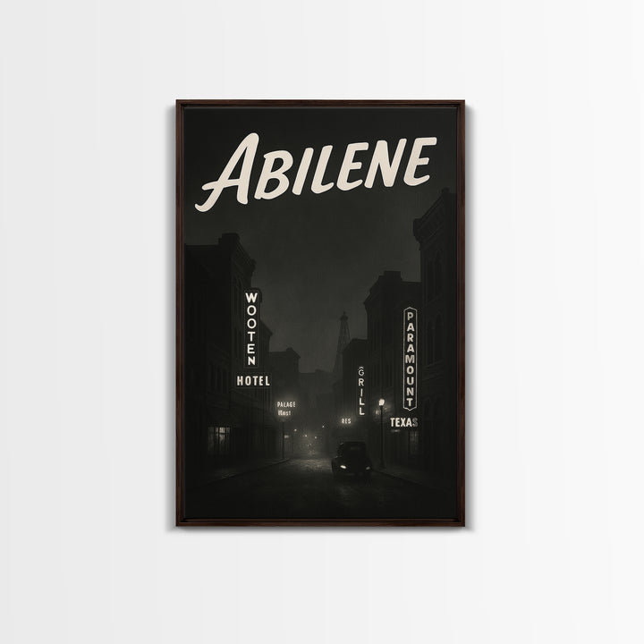 Abilene Texas Travel Poster, Canvas Print, Night Street Poster Art, Abilene Wall Art, City Art Print, Mid Century Wall Art, City Poster