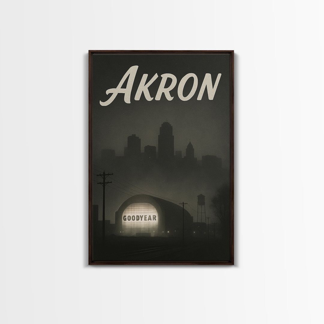 Akron Ohio Travel Poster, Canvas Print, Black And White Travel Art, Akron Wall Art, Vintage Travel Print, Travel Poster Art, City Art Print