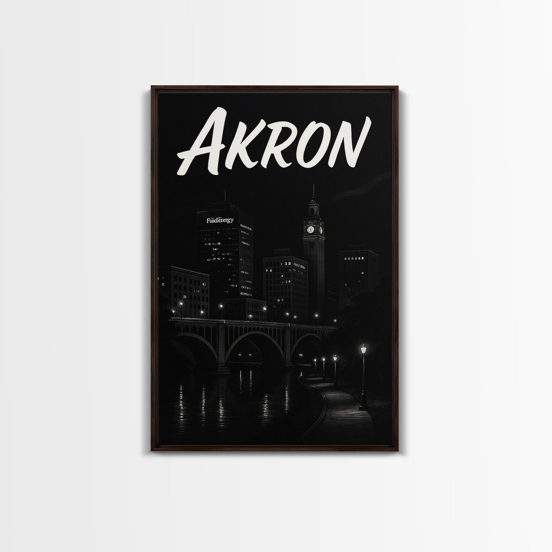 Akron Travel Poster, Canvas Print, Dark Moody City Wall Art, Akron Poster Print, Vintage City Art, City Illustration, Retro Travel Print