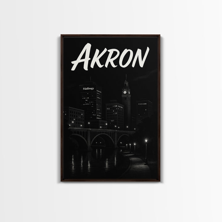 Akron Travel Poster, Canvas Print, Dark Moody City Wall Art, Akron Poster Print, Vintage City Art, City Illustration, Retro Travel Print
