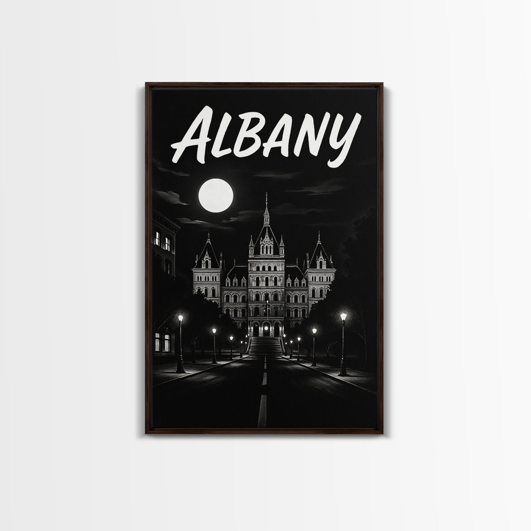 Albany Travel Poster, Framed Canvas Print, Dark Moody City Wall Art, Albany Poster Print, City Art Print, City Travel Prints, Home Decor