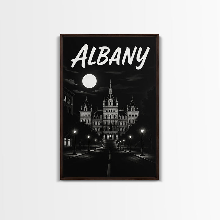 Albany Travel Poster, Framed Canvas Print, Dark Moody City Wall Art, Albany Poster Print, City Art Print, City Travel Prints, Home Decor