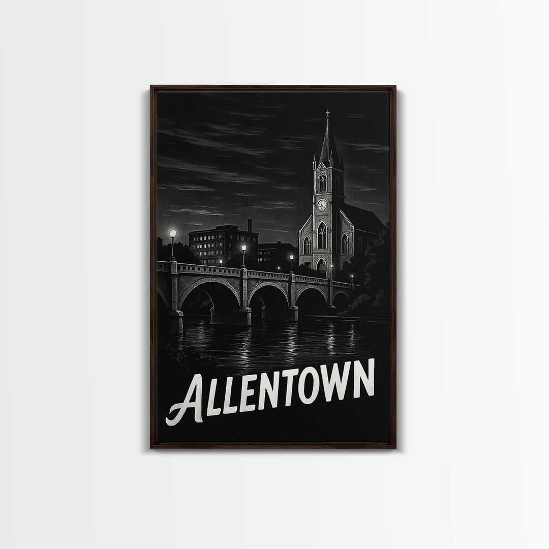 Allentown Travel Poster, Framed Canvas Print, Vintage Noir Poster Art, Allentown City Art, Travel Wall Art, Living Room Wall Art