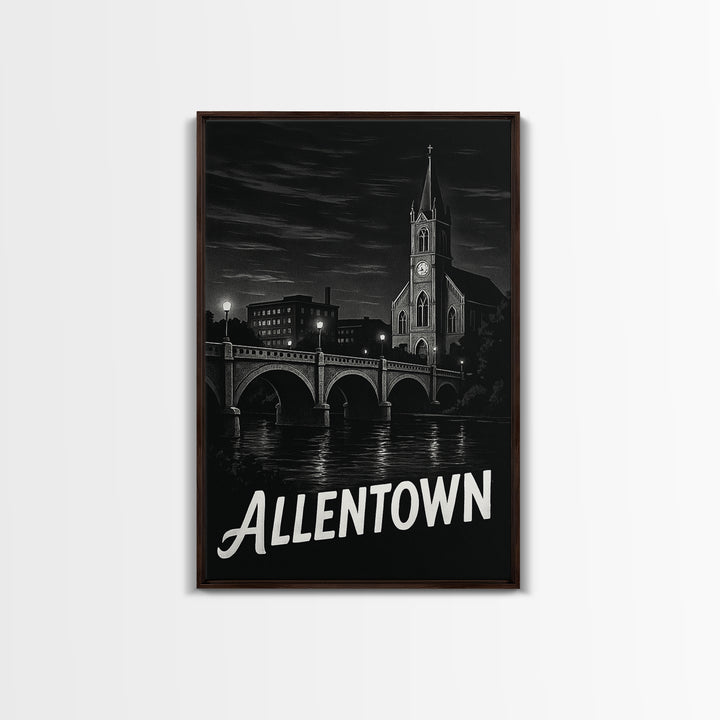 Allentown Travel Poster, Framed Canvas Print, Vintage Noir Poster Art, Allentown City Art, Travel Wall Art, Living Room Wall Art