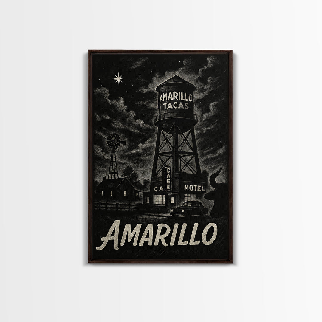 Amarillo Travel Poster, Framed Canvas Print, Vintage Noir Poster Art, Amarillo Travel Art, Vintage City Poster, Retro Travel Print