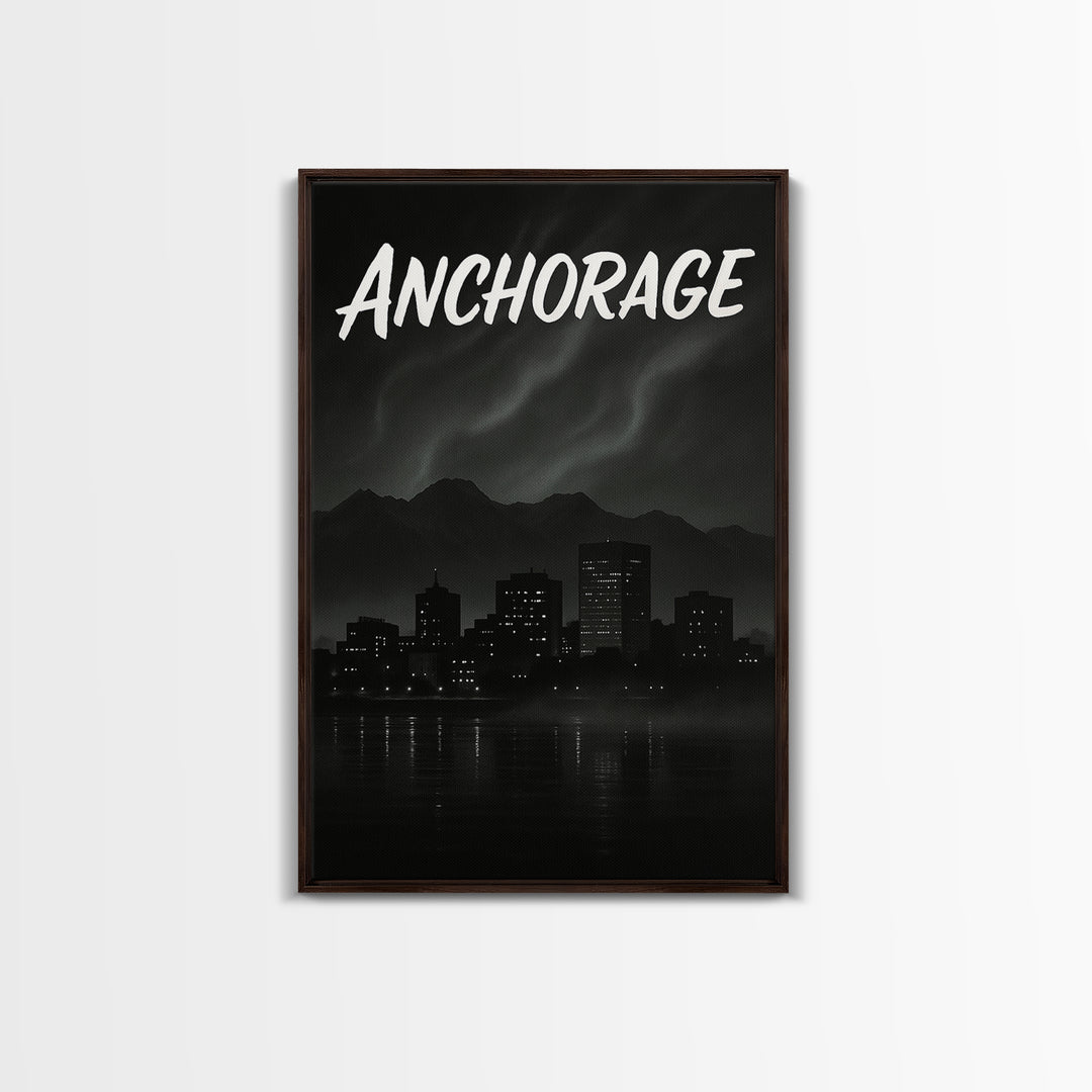 Anchorage Alaska Travel Poster, Canvas Print, Dark Moody City Wall Art, Anchorage Wall Art, Gift For Travelers, Mid Century Wall Art