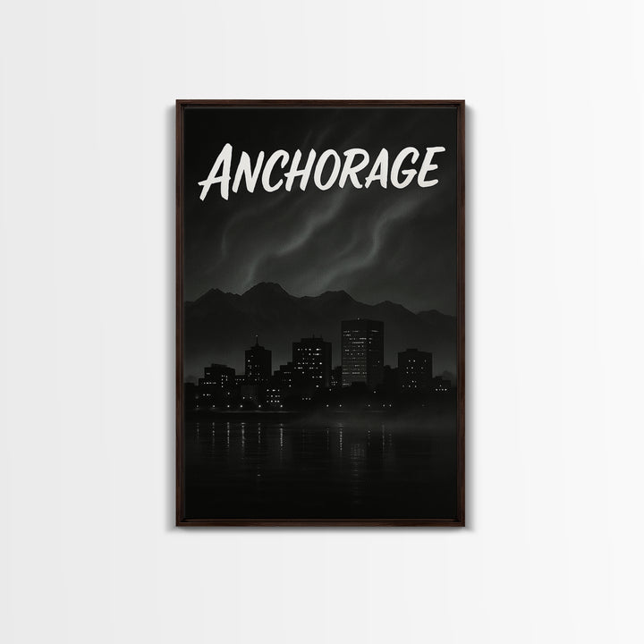 Anchorage Alaska Travel Poster, Canvas Print, Dark Moody City Wall Art, Anchorage Wall Art, Gift For Travelers, Mid Century Wall Art